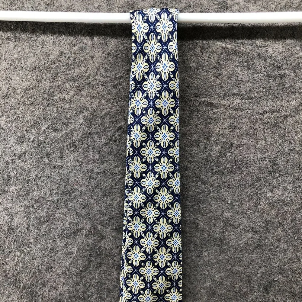 NWT‎ Tommy Hilfiger Silk Tie Mens Blue Beige Geometric Floral Print MSRP $69